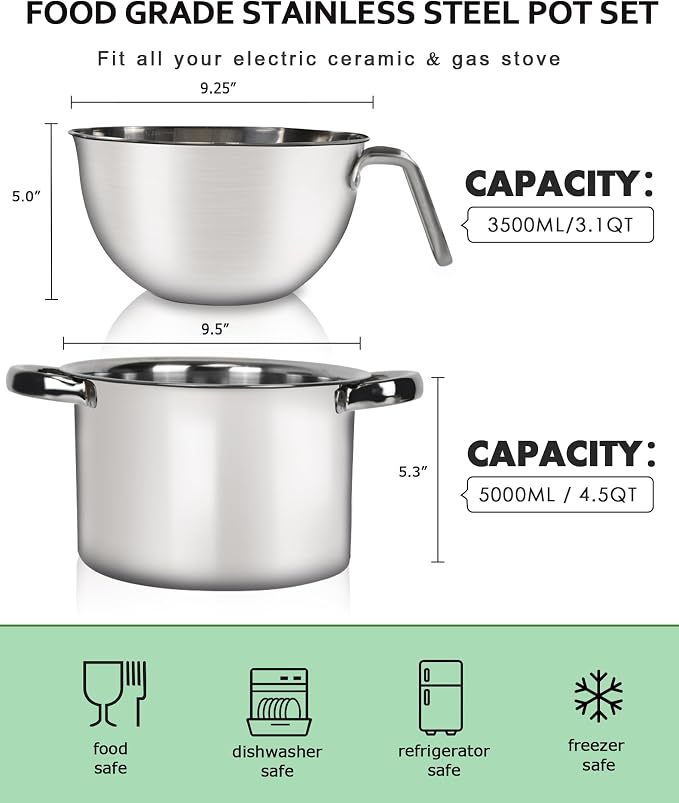 3.1QT Double Boiler Chocolate Melting Pot with 4.5QT Stainless Steel Pot | 304 food-grade steel, rust-proof. Melt chocolate, butter, candy, wax, soap. Stovetop safe, Dishwasher safe