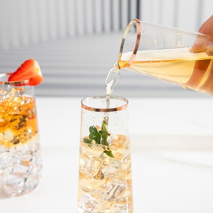 Ciaell 24 Pack Rose Gold Plastic Champagne Flutes for Weddings Birthdays | 9 oz Rose Gold Stemless Mimosa Glasses, Heavy Duty Plastic, Champagne Mimosas Wine Cocktails for Parties Anniversaries Bars