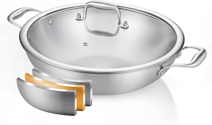 DELARLO Tri-Ply Stainless Steel Wok Pan With Lid, Fast & Even Heat 12Inch Large Stir Frying pan, Induction Saute Pan, Dishwasher Safe Cooking Pan, Induction, Broiler Safe 600℉