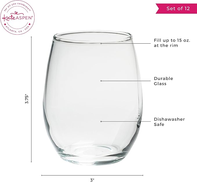Kate Aspen 15 oz. Stemless Wine Glass (Set of 12)| Kitchen Drinking Glass or DIY Party Favor, Clear, One Size, (30023NA-x12)