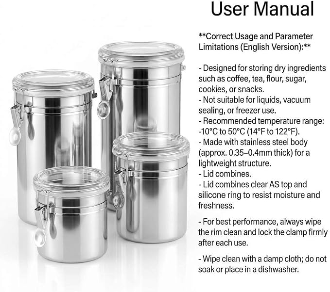 QWORK 4 Pack Stainless Steel Kitchen Storage Canister, Airtight Flour Clamp Canister, 26oz, 36oz, 47oz, 62oz