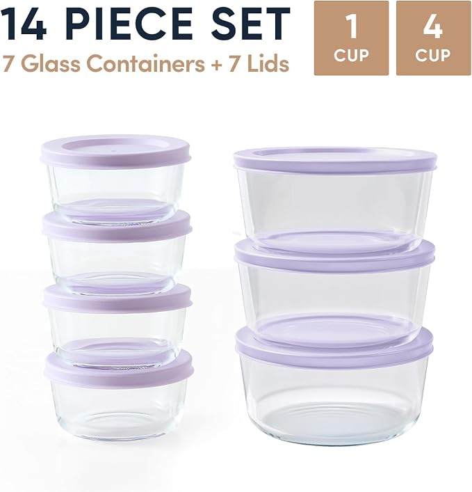 14-Piece Glass Food Storage Containers Set (7 Containers + 7 BPA-Free Lids) | 1-Cup & 4-Cup, Leakproof | Microwave, Freezer, Oven & Dishwasher Safe | Ideal for Meal Prep & Pantry Organization, Purple
