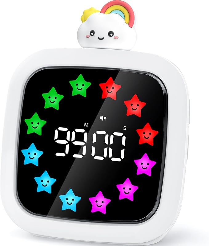 Digital Visual Timer for Kids, 99-Minute Countdown, Rechargeable | 19 Music Alarm, Pause Function, 9 Optional DIY Color Star Display, Rainbow Doll, for Study, Homeschool, Kitchen