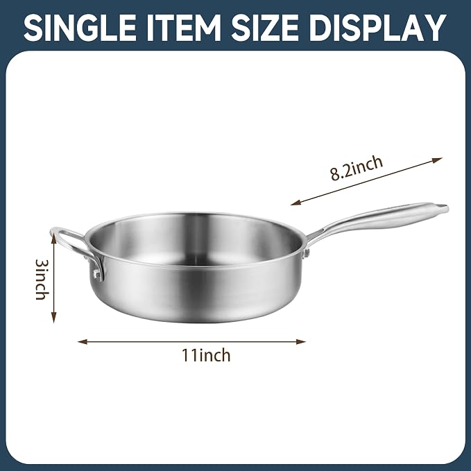 5-Quart Tri-Ply Stainless Steel Saute Pan, 11-Inch | Tri-Ply Stainless Steel,With Lid, Skillet and Helper Handle, Induction Cooking Pan, Dishwasher and Oven Safe