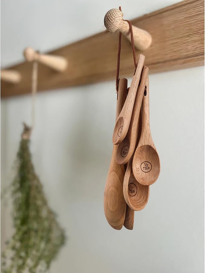 6pcs Measuring Spoons, Natural Beechwood, Gift Set | 1 tbsp, 1/2 tbsp, 1 tsp, 1/2 tsp, 1/4 tsp & 1/8 tsp, For Cooking Baking, Rustic Teaspoon Tablespoon, For Dry Ingredients