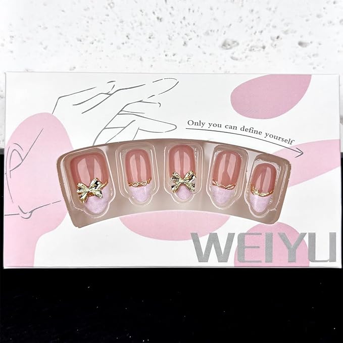 30Pcs Medium Almond Press On Nails Pink French Tip Fake Nails with 3D Metal Bow Rhinestone Design Cute Artificial Stick On Nails Full Cover Acrylic Nail Tips False Nails for Women Manicure