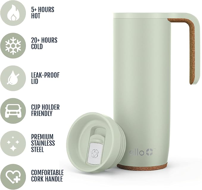 Ello Magnet 18oz Insulated Stainless Steel Travel Mug with Handle, Sage | Leakproof coffee tumbler with side handle and cork coaster. BPA-free, keeps drinks hot for 5 hours, great for coffee and tea.
