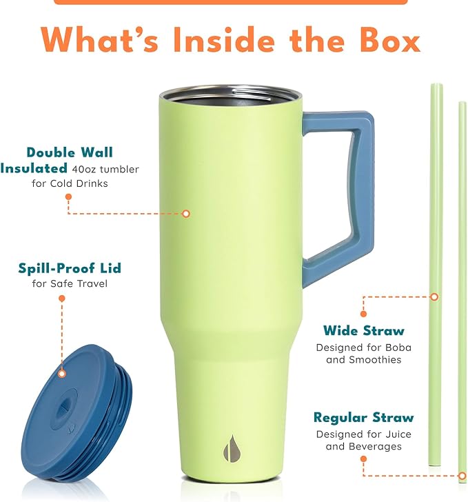 Elemental Spill Proof 40oz Insulated Tumbler with Handle & Straw Travel Mug | Stainless Steel Commuter Travel Coffee Mug for Cold Beverages, Includes 2 Straws & a Spill Proof Lid for Everyday Use