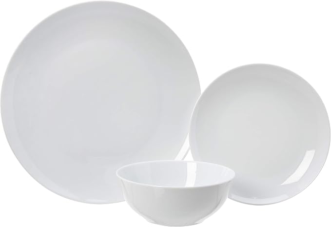 Amazon Basics 18-Piece Complete Kitchen Dinnerware Set, Microwave and Dishwasher Safe, Plates, Dishes, Bowls for Everyday Use, Service for 6, White Porcelain Coupe