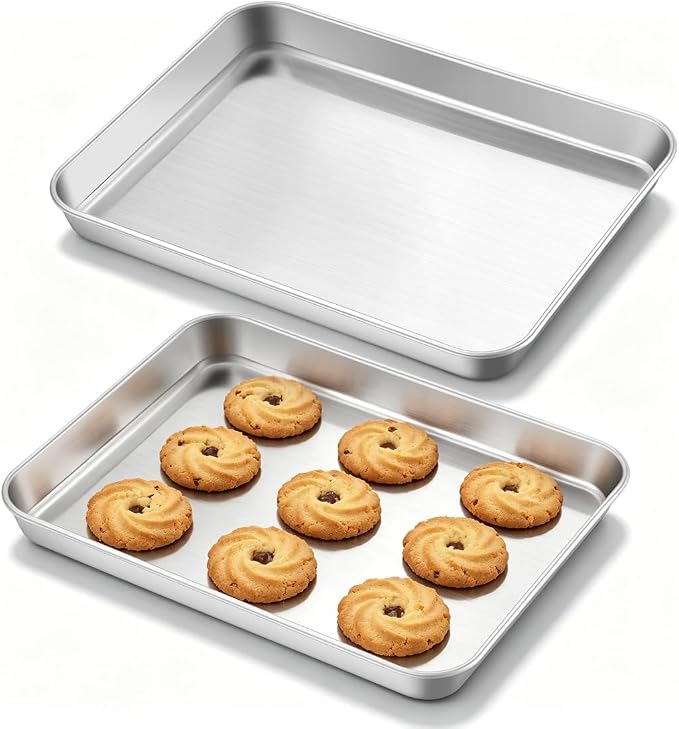 Leonyo Non-Toxic 10x8IN Small Stainless Steel Baking Sheet Pans, 2 Pack | Commercial-Grade 8x10IN Small Metal Cookies Sheet Pans For Baking, Toaster Oven Baking Trays For Food, Dishwasher Safe