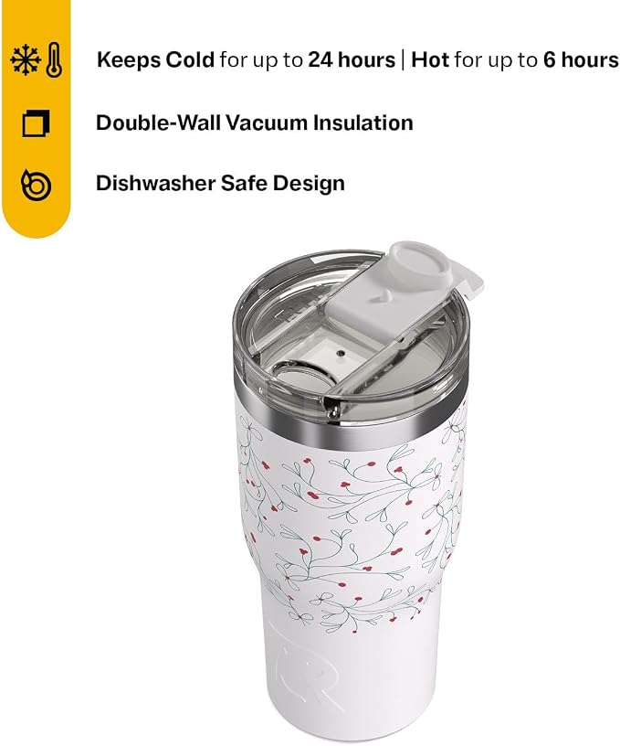 RTIC 20oz Essential Tumbler with Lid, Ceramic Lined, Insulated, Stainless Steel, Metal, Double Wall Vacuum-Insulation, Travel Cup for Iced Coffee, Tea, Hot and Cold Drink, Mistletoe
