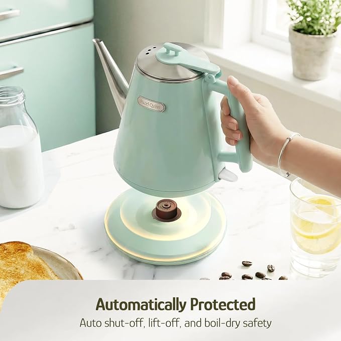 Hazel Quinn Electric Kettle, 1L/34oz Small Tea Kettle - Mint Green | 800W Fast Boil, 304 Stainless Steel Interior, Double-Wall Cool Touch, Gooseneck Spout, Auto Shut-Off, BPA-Free Cordless, Home