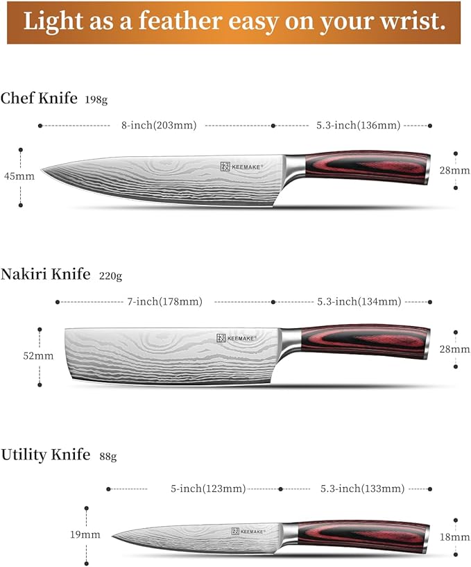 3 Pieces Kitchen Knife Set, Professional Ultra Sharp Chef Knife Set | Japanese High Carbon Stainless Steel with Pakkawood Handle, Kitchen Gadgets, Unique Gifts for Women Men