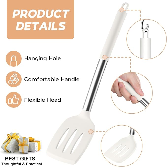 Onader 10 Pieces Silicone Kitchen Utensils Set, Cooking Utensils with Holder and Heat Resistant Stainless Steel Handle for Nonstick Cookware -White