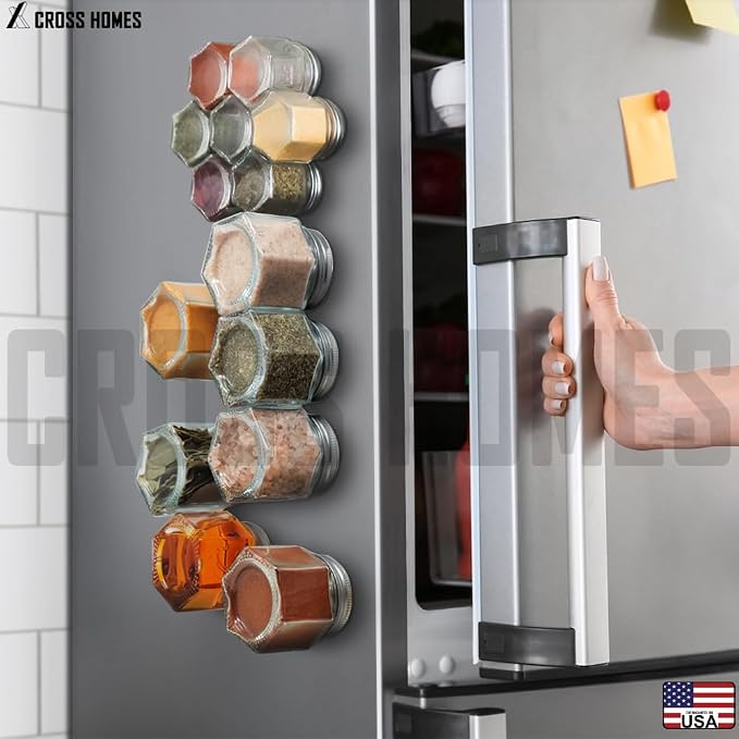 Magnetic Spice Jars Combo Pack 21 Set (6 Large 4 oz + 15 Small 2 oz) Refrigerator Hexagon Glass Spice Jar Magnetic Lid Shaker Spice Labels Magnetic Glass Spice Containers for RV Kitchen Fridge Cabinet