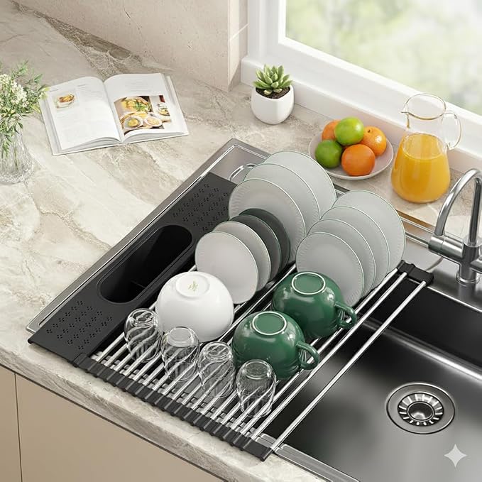 Roll Up Dish Drying Rack Over Sink, 20" X 15.2" Foldable SUS304 Stainless Steel Kitchen Dish Drainer, Heat-Resistant Multipurpose Rolling Sink Rack Organizer, Black