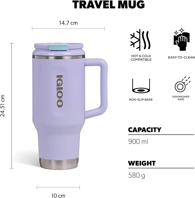 Igloo, 32 oz Tumbler with Handle, Reusable Travel Mug, Stainless Steel Insulated Hydration Cup for Hot & Cold Beverages, Cupholder Friendly, Lilac