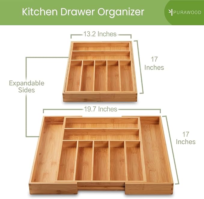 Purawood Bamboo Drawer Organizer, 2 Pack - Expandable Silverware Organizer & Utensil Organizer, Cutlery Tray with Dividers, 7-9 Slots- Premium Kitchen Organizer for Utensils & Flatware (Natural)
