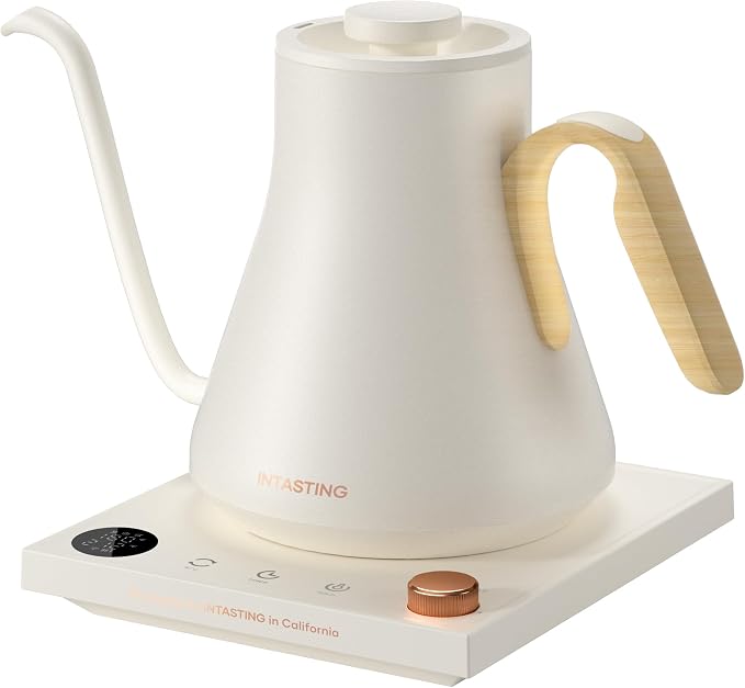 INTASTING Gooseneck Electric Kettle with 1℉ Temperature Control, 0.9 Liter | Fast Heating, Stainless Steel Interior, for Pour Over Coffee, Tea & Boiling Water, Keep Warm, Auto Shut-Off, 1200W, Cream