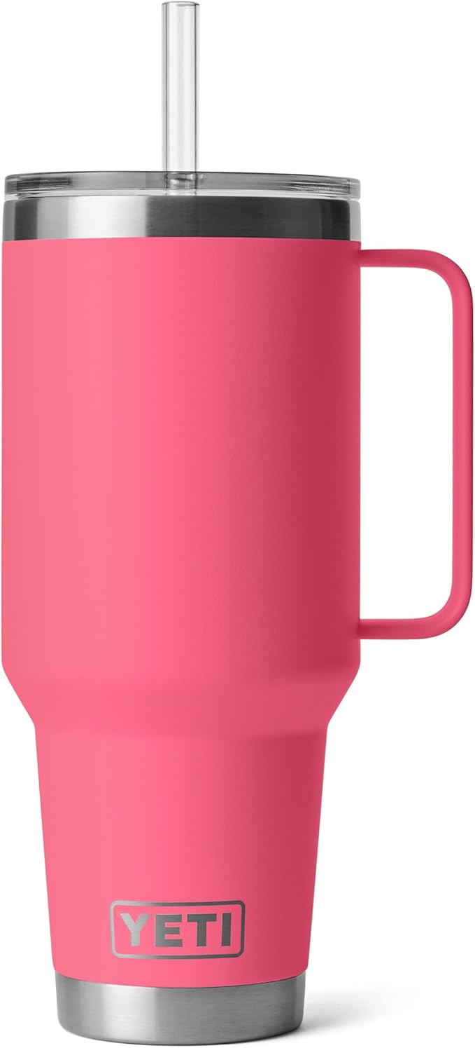 YETI Rambler 42 oz Tumbler with Handle and Straw Lid, Travel Mug Water Tumbler, Vacuum Insulated Cup with Handle, Stainless Steel, Tropical Pink