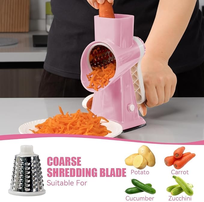 Rotary Cheese Grater Hand Crank Pink - Shredder Slicer Grinder 3 Stainless Steel Blades, Stable Suction, Labor-Saving Handle, Safe Kitchen Tool for Cheese, Vegetable, Nuts, Chocolate