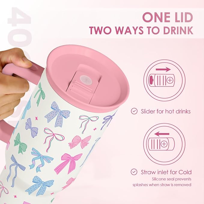 SANDJEST Bow 40oz Tumbler With Handle and Straw, Insulated Stainless Steel Travel Coffee Mug for Women Girls Bow Lovers, Gift Idea for Birthday Christmas Mothers Day