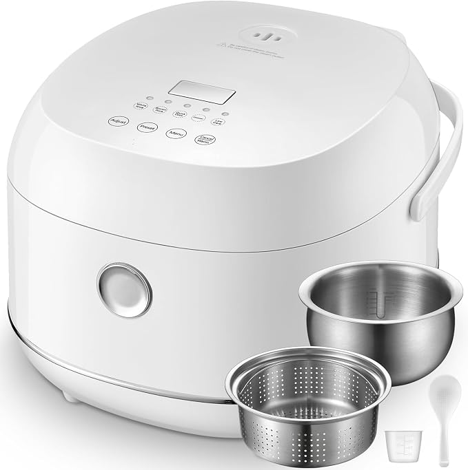 Novaspark Stainless Steel Rice Cooker Small 6 Cup (Uncooked) / 12-Cup (Cooked) with Stainless Steel Inner Pot, Compact Mini Rice Cooker Small Kitchen, Low Carb Rice Maker, 24H Timer and Auto Keep Warm