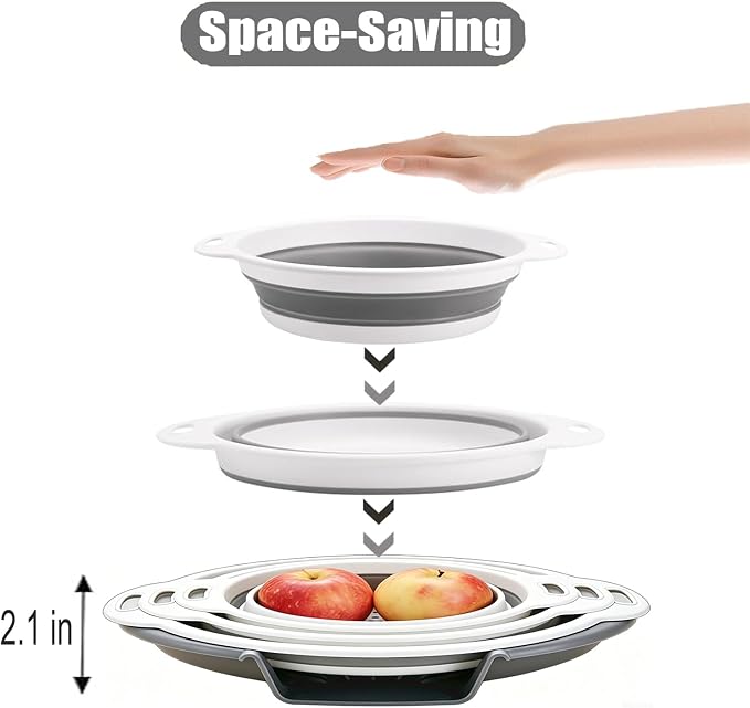 Collapsible Colanders Food Strainers, 3-Pack Foldable Kitchen Strainers with Over-Sink Water Draining Tray, Space Saving Kitchen Drainer for Vegetables, Fruit, Pasta and Rice (White-Gray)