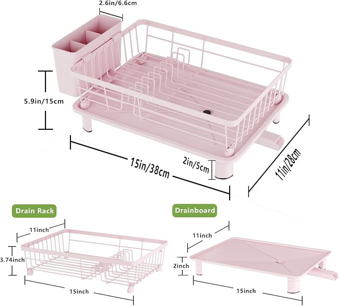 Dish Drainer Rack with Drip Tray, Sink Dish Drainer with Drainage Spout, Stainless Steel Dish Drying Rack with Cups, Utensil & Cutting Board Holders for Kitchen Counter Space-Saving, Pink