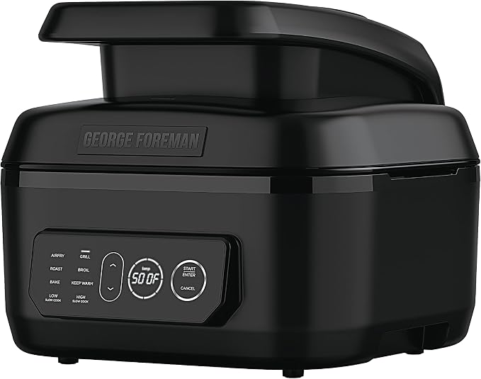 George Foreman Beyond Grill™ 7-in-1 Electric Indoor Grill with Air Fry Technology, MCAFD800D, Black, Large | 7-in-1 grill with air fry, roast and bake functions, 500°F searing and no-defrost cooking.