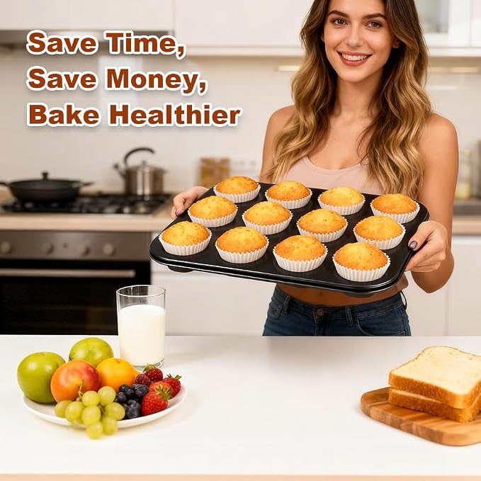 Muffin Pan & Cupcake Pan, 2 Pack 12-Cup Muffin Tin for Baking with 120 Cupcake Liners, Nonstick Heavy Duty Carbon Steel Cupcake Tins, Scratch Resistant Baking Pans Set for Family & Party