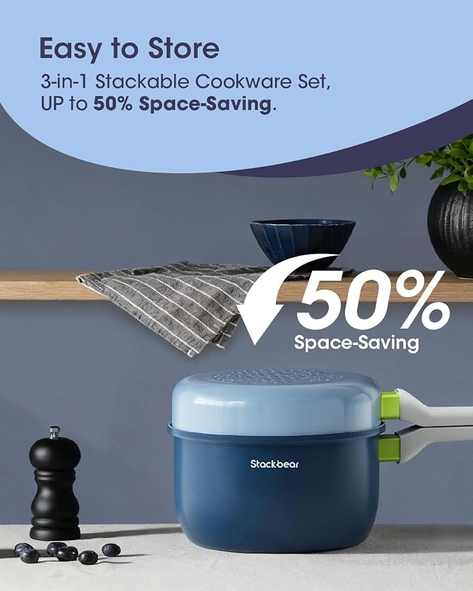 Ceramic Non Stick Sauce Pan, 2.5QT Saucepan with Frying Pan as Lid, Steamer Pot for Cooking, Induction Cookware Set, PTFE, PFOA & PFAS Free, Light Blue