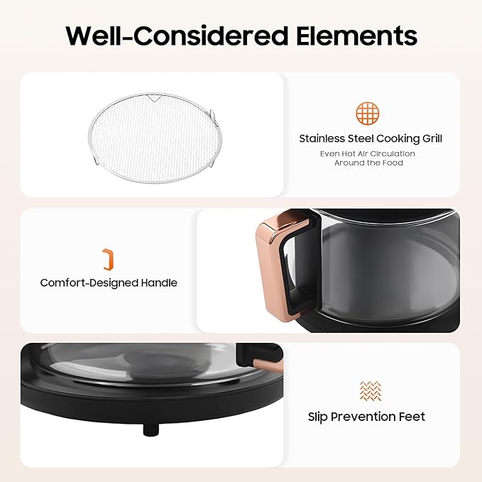 8-in-1 Glass Air Fryer, 4.5Qt Capacity Non Toxic Air Fryer, 360° Viewable Bowl, Touchscreen Display, Precise Temperature(175°F - 400°F), 1200W Oil Cooking Dishwasher Safe Glass Pot - Black