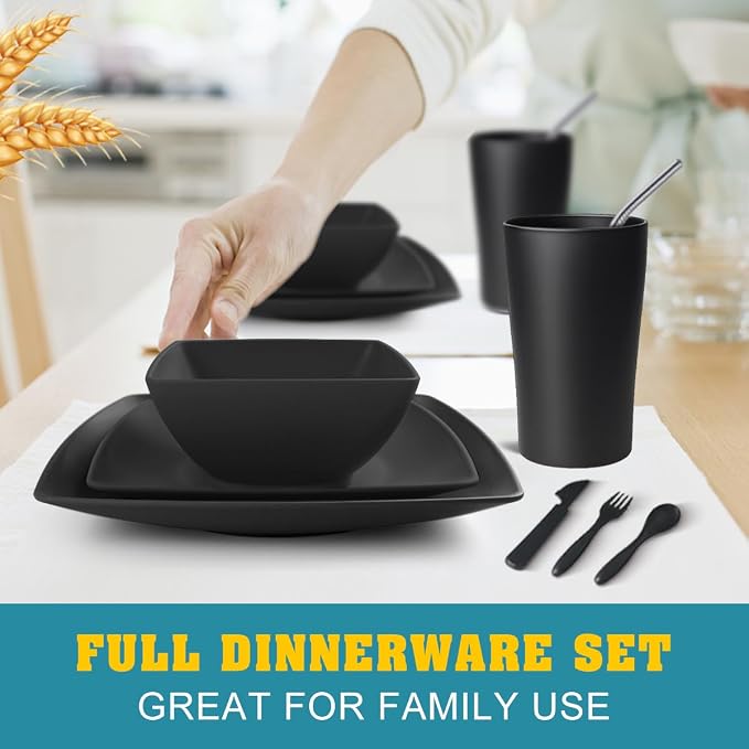 Teivio 44-piece Plastic Wheat Straw Square Dinnerware Set for 4, Unbreakable Dinner Plates, Salad/Tidbit Plates, Snack/Fruit Bowls, Tumblers 13.5oz, Flatware, Dishwasher Safe Outdoor RV Dishes, Black