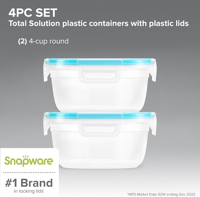 Snapware Plastic Total Solution 2-Pack (4 Cup) Food Storage Containers | Meal prep containers with plastic BPA-free lids with 4 locking tabs, microwave, dishwasher, & freezer safe