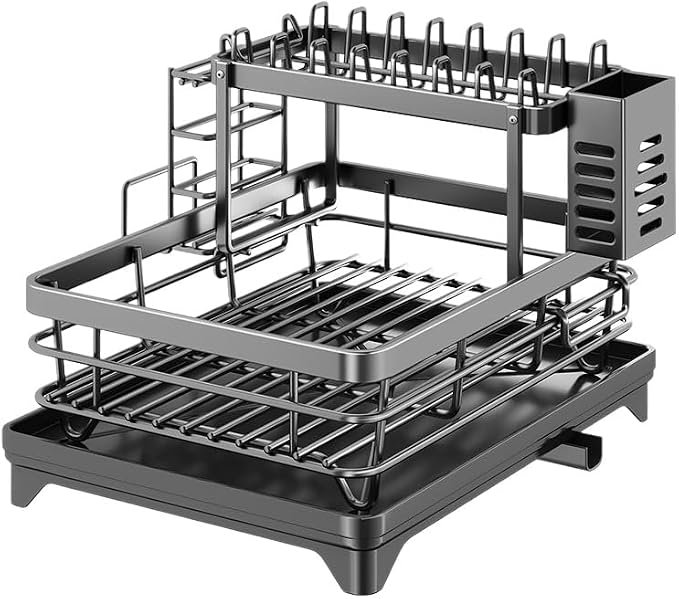 2-Tier 304 Stainless Steel Dish Drying Rack for Kitchen Counter, Gray | Dish rack separates plates, bowls, cups and utensils, while side drainage directs water toward the sink.