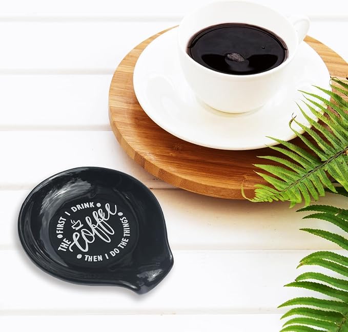 Littlefa Black Coffee Spoon Rest Holder-Coffee Bar Accessories | Funny Ceramic Coffee Spoon Rest for Coffee Bar Accessories Essentials, Coffee Lovers Gifts, But First I Drink Sign