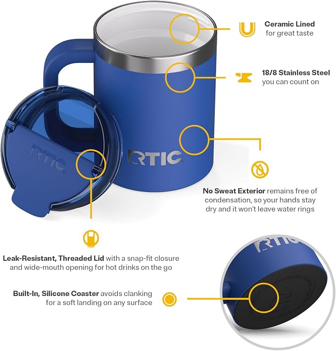 RTIC 12oz Essential Mug with Lid and Handle, Ceramic Lined, Insulated, Stainless Steel, Metal, Double Wall Vacuum-Insulation, Portable, Travel Cup for Hot and Cold Drink, Cobalt