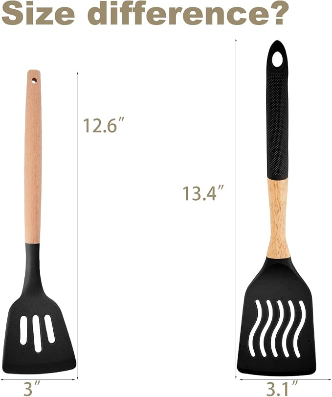 Kitchen Utensils Set - 7 PCS Non-Stick Silicone Cooking Utensils Set Spatula Set with Holder, Wooden Handle Spoon,Tongs,Whisk Kitchen Gadgets Tools Set for Nonstick Cookware (Black-7Max)