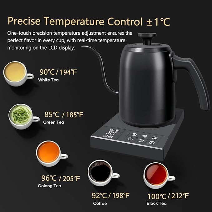 Gooseneck Electric Kettle with ±1℉ Temperature Control & Keep Warm for Pour Over Coffee & Tea, Rapid Boil, 304 Stainless Steel, Built-in Brew Timer, 900W 0.6L (600 ML)
