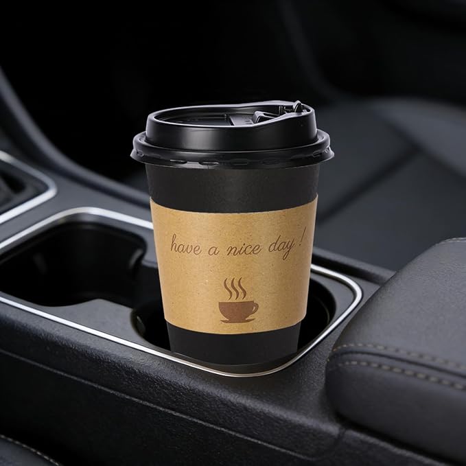 BYSNOW 16 oz 50 pack Disposable Coffee Cups with Lids, Sleeves & Stirrers | Paper Hot Coffee Cups with Lids, Sleeves and Stirring Sticks, To Go Cups for Home, Office, and Cafe (Black 16oz)