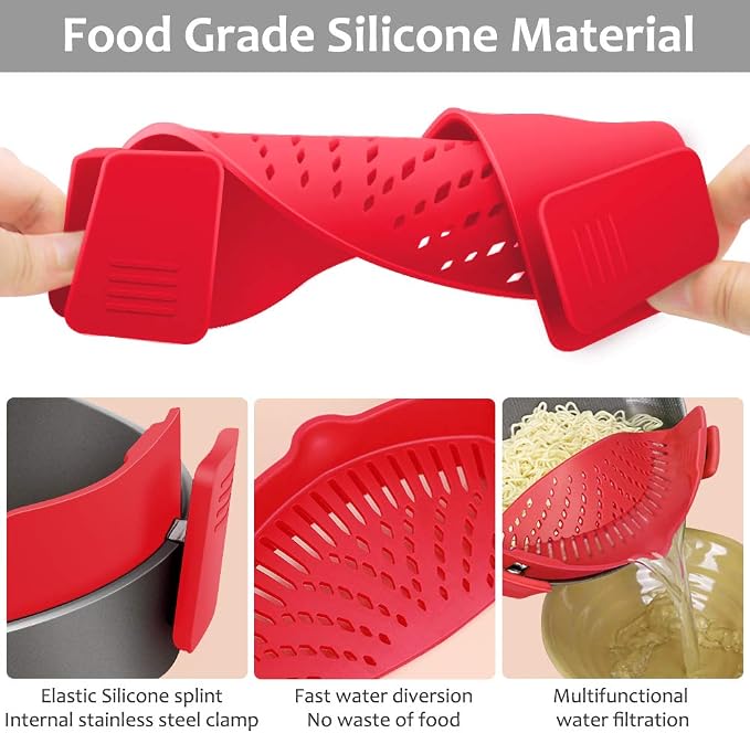 YEVIOR Clip on Strainer for Pots Pan Pasta,Silicone Food Pan Strainer | Food-grade BPA-free,Kitchen Food Strainer for Spaghetti, Pasta,Vegetable Fruits Fits All Bowls and Pots (Red)