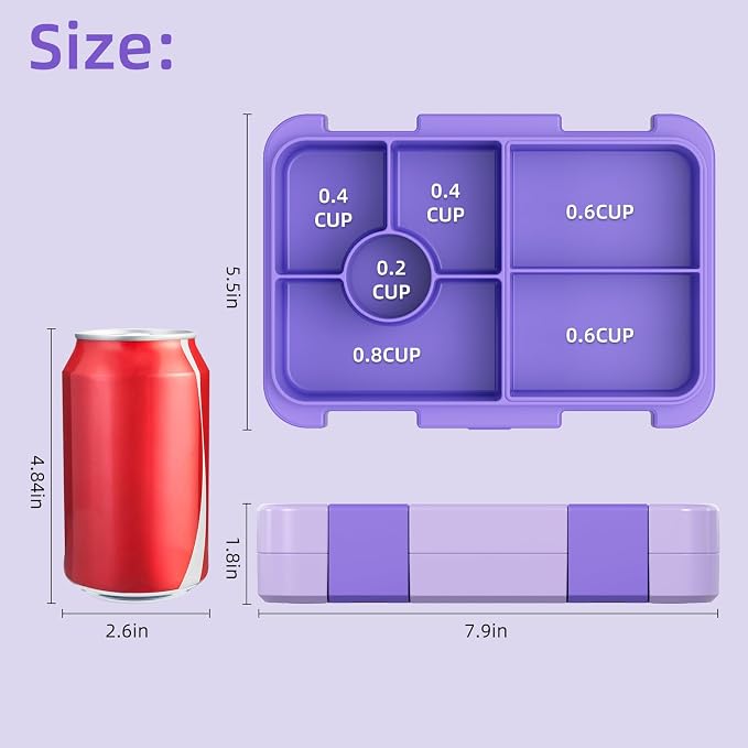 Bento Lunch Box for Kids, 5/6 Compartments, Purple Patterned | Dishwasher Safe Back to School Snack Bento Lunch Containers Boxes, Ideal Portion Sizes for On-the-Go Meal, Ages 3+, School