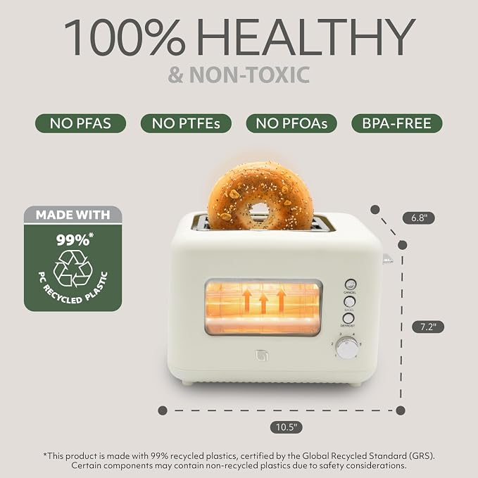 WILLOW Eco Series 2 Slice Toaster with Clear-View Window, 6 Shade Settings, 900W Retro Toaster with Extra Wide Slots, Bagel, Cancel, & Defrost Buttons, Toasters 2 Slice w Crumb Tray for Easy Cleanups