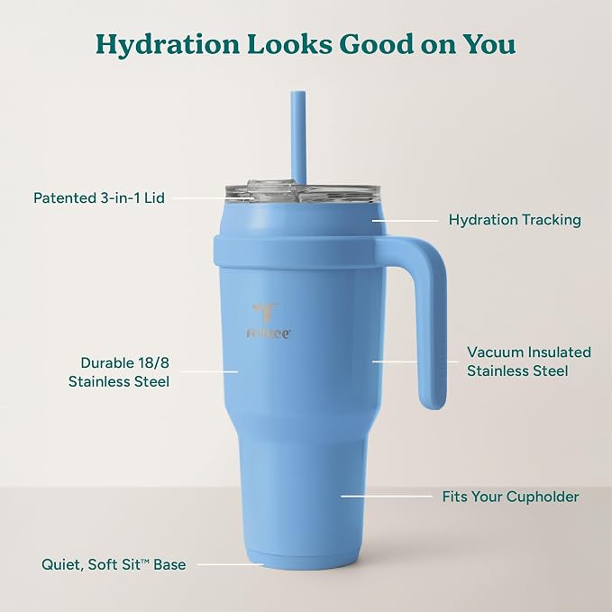 REDUCE Cold1 40 oz Tumbler with Handle - Vacuum Insulated Stainless Steel Water Bottle for Home, Office or Car, Reusable Mug with Straw or Leakproof Flip Lid, Keeps Drinks Cold All Day- Oahu Blue