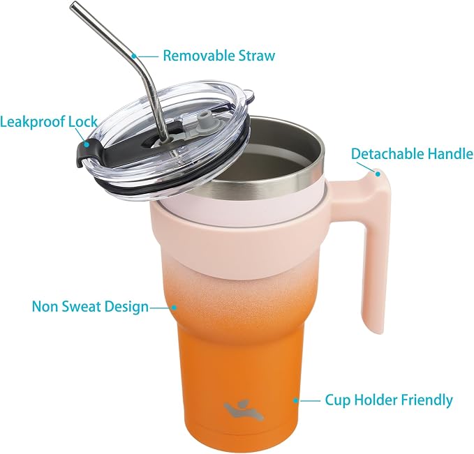 Konokyo 30 oz Tumbler with Handle and Straw, Insulated Travel Mug | Coral; BPA-free, leak-proof tumbler with 2 lids, 2 straws, cup holder fit for coffee, office, travel & daily use