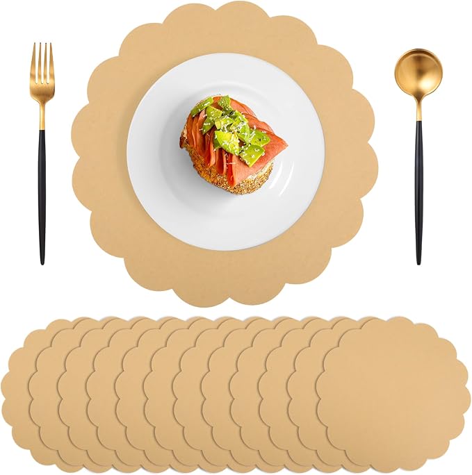 60 Pcs Kraft Paper Placemats, 13.5 Inch Scalloped Placemat | Disposable Round Table Place Mats Decorative Paper for Dining Table Birthday Rustic Farmhouse Holiday Party