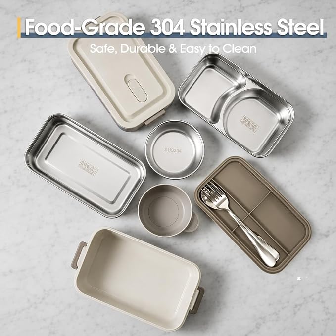 Kabbas 18/8 Stainless Steel Bento Box for Kids & Women – 66 Oz Leakproof Lunch Containers for Adults, 2Layers Stackable Metal Lunch Box with Cutlery & Insulated Bag – Ideal for Work, School, Picnic