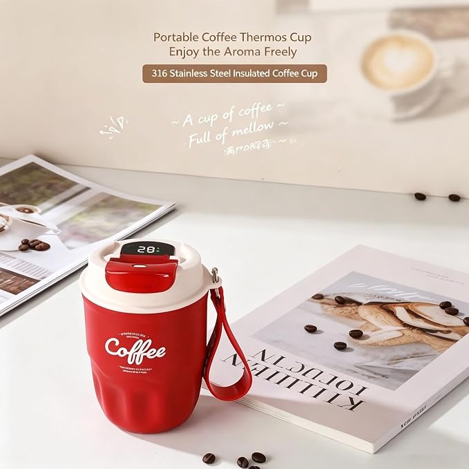 Coffee Vacuum Flask, Portable Coffee Cup with Lid & Handle, Lightweight Insulated Coffee Vacuum Flask, Travel Coffee Mug for Hot And Cold Drinks (Red, Temperature Display)