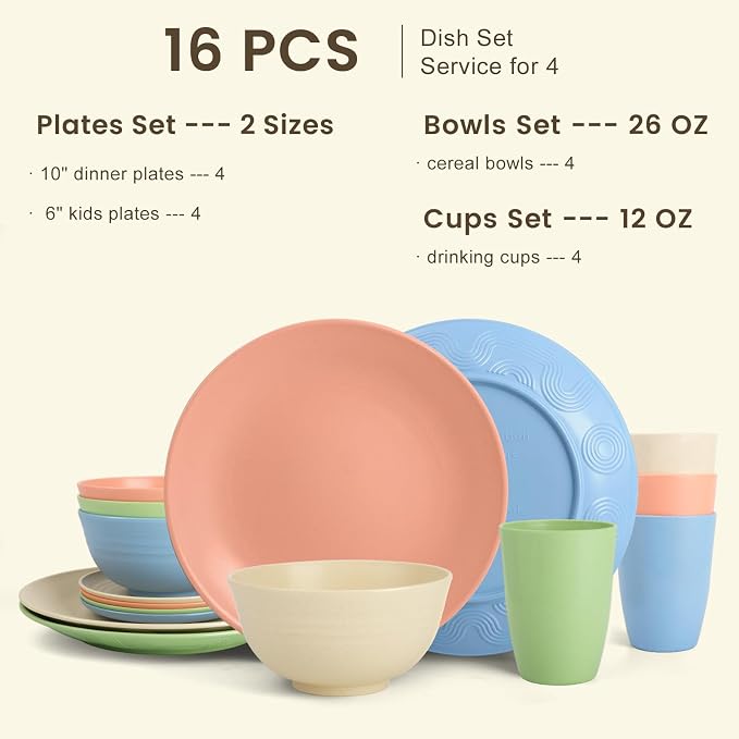 Premium Dinnerwave Sets, Lightweight & Unbreakable Wheat Straw Dish Set - Plates and Bowls Set with Cups, 16 PCS Microwave and Dishwasher Safe Dinnerware Set - Multi Light